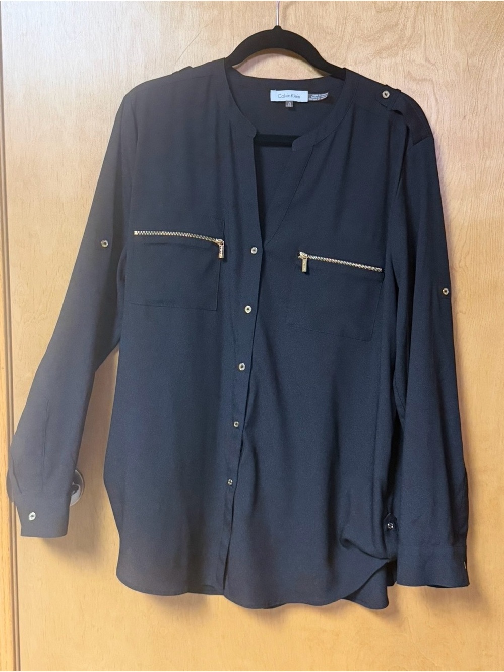 Calvin Klein Black Button-Front Blouse with Gold Zip Pockets
